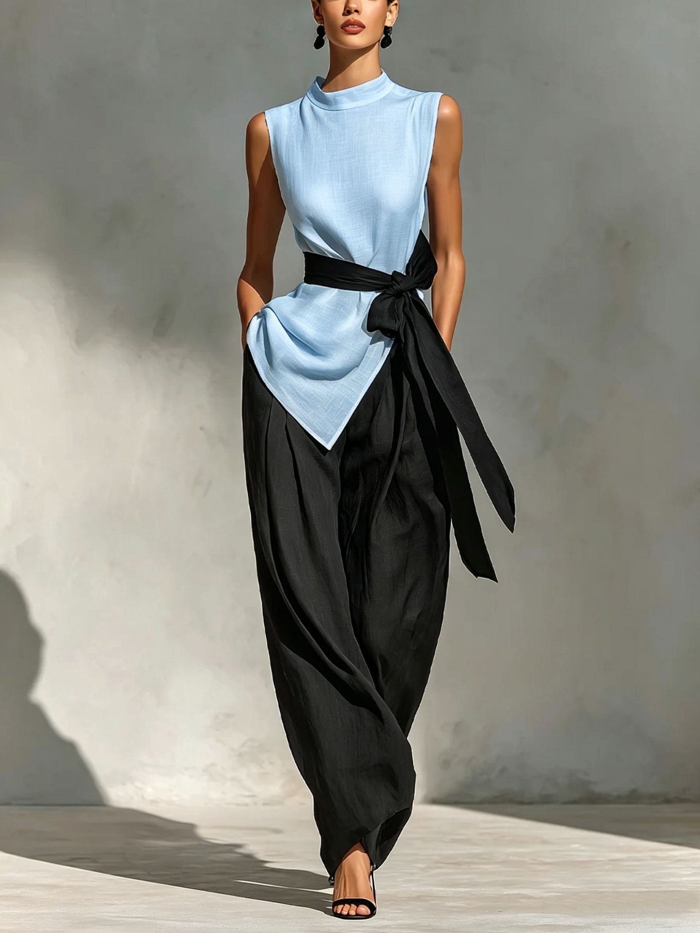 Matched two-piece set worn in an indoor setting