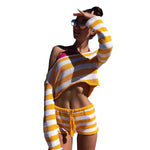 Black and white striped knit set shown front view