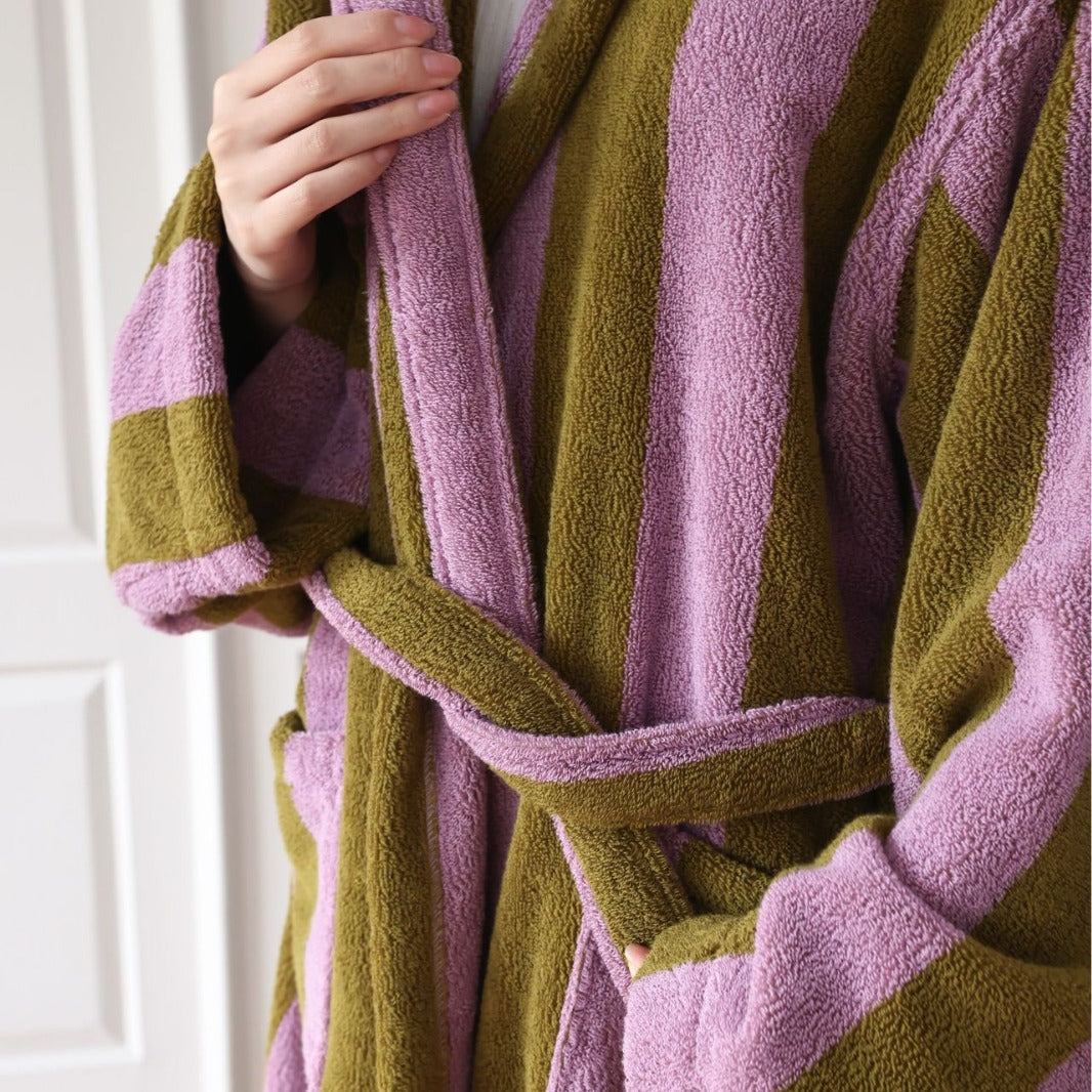 Full length hooded striped combed cotton bathrobe shown open with two front patch pockets