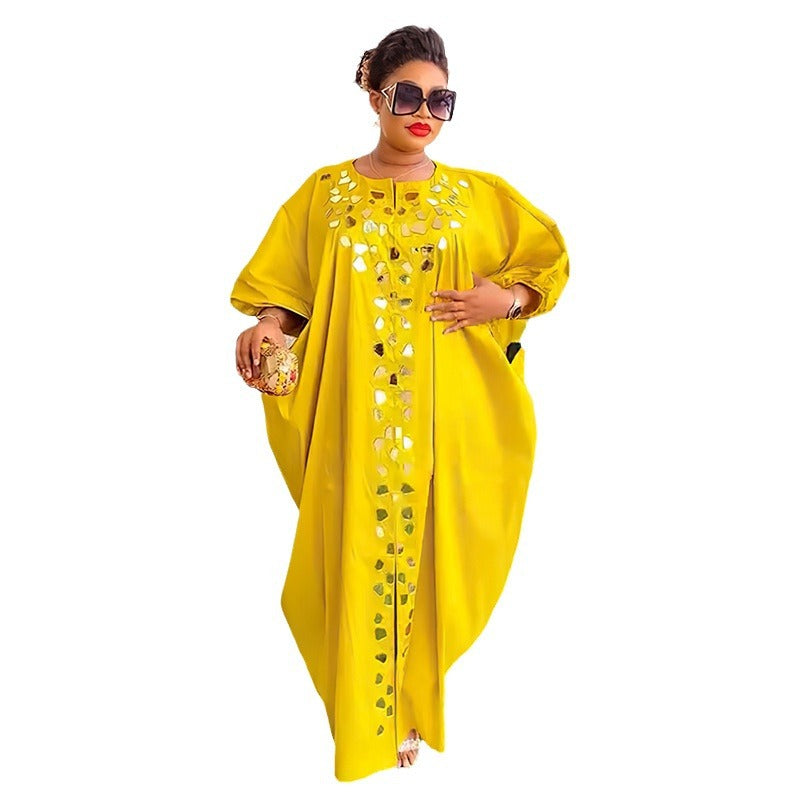 Yellow kaftan maxi dress with mirrored applique down the front and an open split below the chest