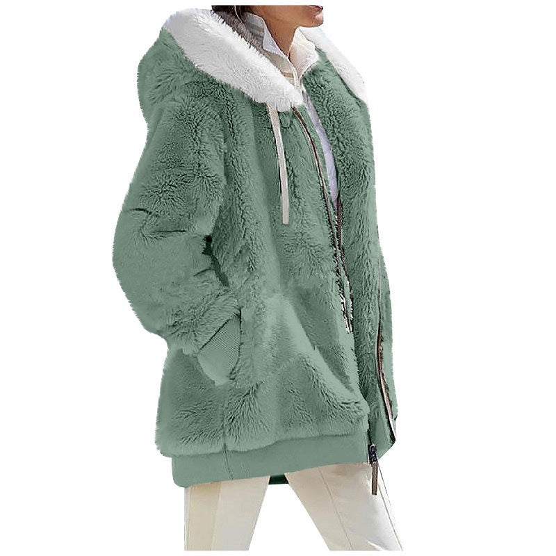 Women's loose plush hooded zip jacket with a contrast lined drawstring hood and two zip pockets