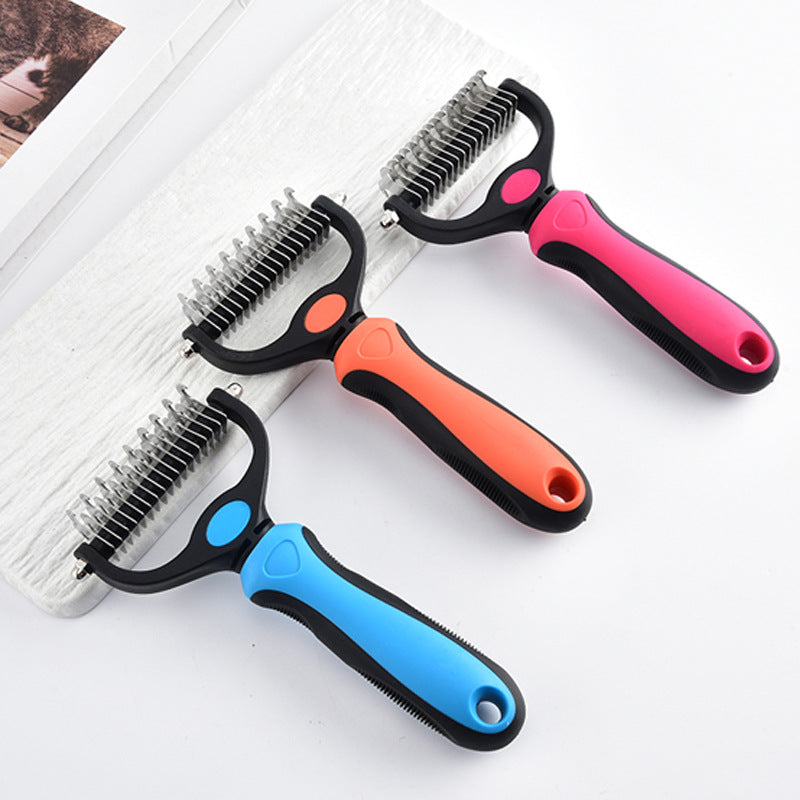 Blue pet grooming comb with its double row of curved stainless blades and non-slip TPR handle