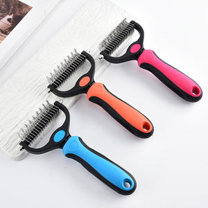 Blue pet grooming comb with its double row of curved stainless blades and non-slip TPR handle