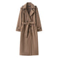 Double breasted belted longline woollen look overcoat, the deep side pockets and belt loops