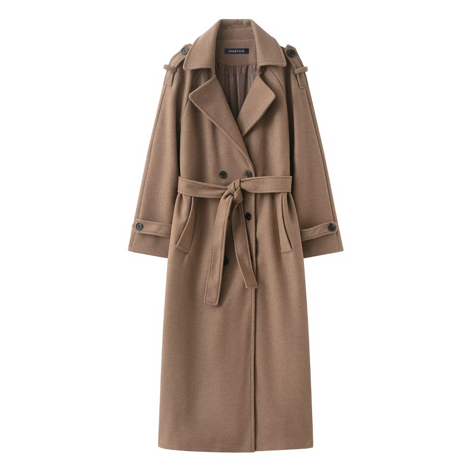 Double breasted belted longline woollen look overcoat, the deep side pockets and belt loops
