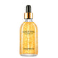 Clear facial essence dropper bottle with suspended 24k gold foil flakes on white