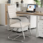 Low back ivory leather cantilever conference chair, latex seat, fixed armrests and chrome frame in an office