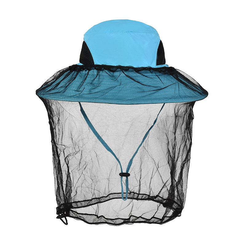 Wide brim outdoor sun hat with the mesh net raised into the crown