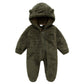 Army green plush fleece infant romper with bear ear hood and front zip, front view