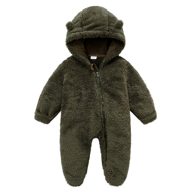 Army green plush fleece infant romper with bear ear hood and front zip, front view