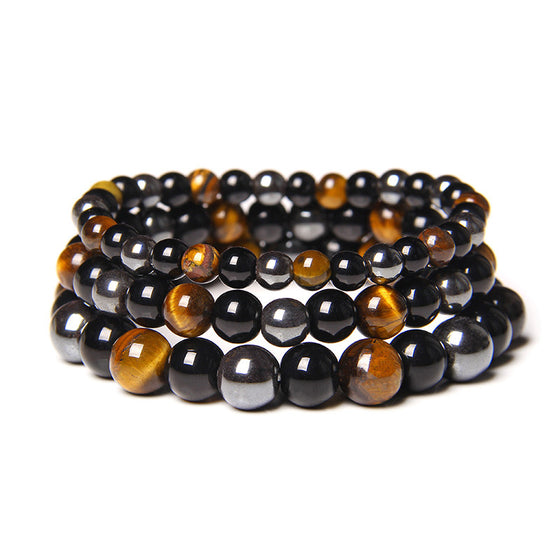 Natural Stone Beaded Bracelet, Tiger Eye Onyx Hematite, Unisex