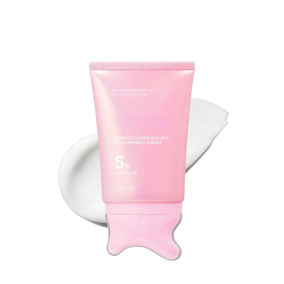 Pink 90g neck cream tube with a metal edged gua sha cap beside a white cream swatch