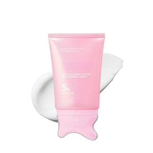 Pink 90g neck cream tube with a metal edged gua sha cap beside a white cream swatch