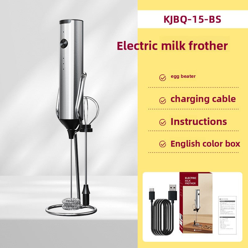 Stainless steel KJBQ-15-BS milk frother standing on a steel base with egg beater and cable