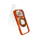 Orange phone case with metallic-finish lens rings and a ring stand, shown on a white background