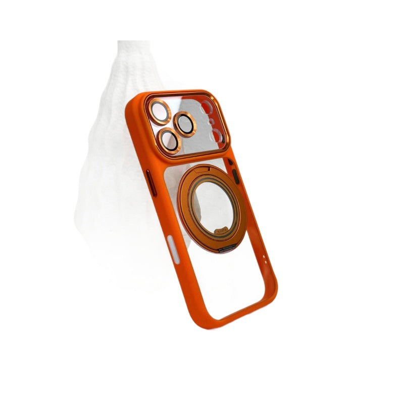 Orange phone case with metallic-finish lens rings and a ring stand, shown on a white background
