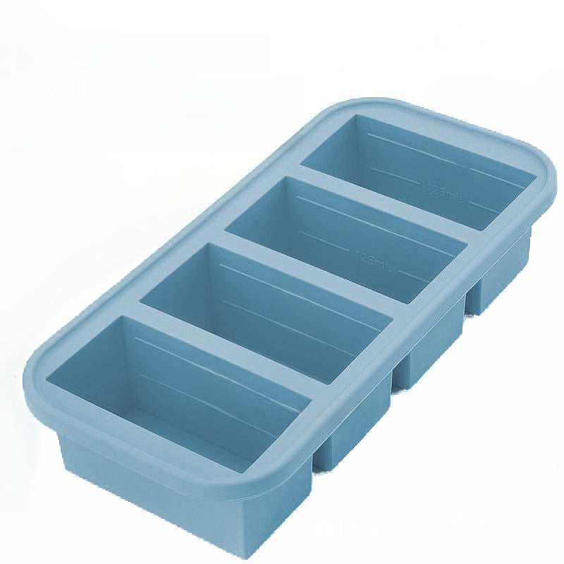 Flexible platinum silicone ice cube tray in a strip mould layout for the home freezer