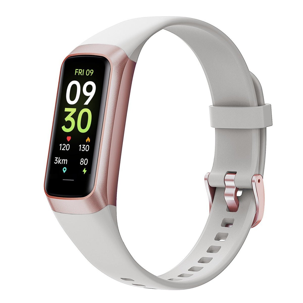 Moonlight White smart bracelet with a rose gold case and a screen showing the time and activity data