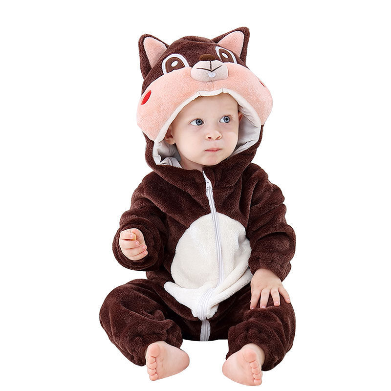 Squirrel hooded flannel baby jumpsuit in dark brown with a pink animal hood, option 100cm