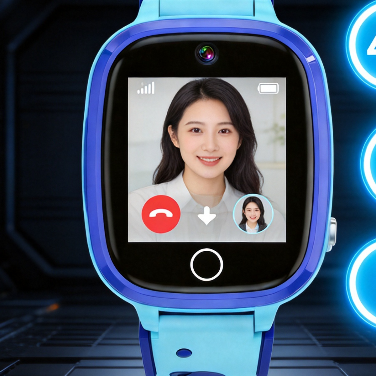 Blue children's smart watch showing a video call with a smiling woman and a red end call button on screen