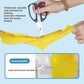 Yellow natural latex glove stretched against scissors to show its tough, durable pull