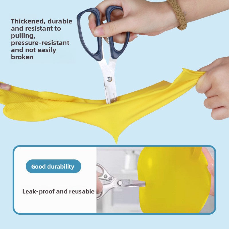 Yellow natural latex glove stretched against scissors to show its tough, durable pull