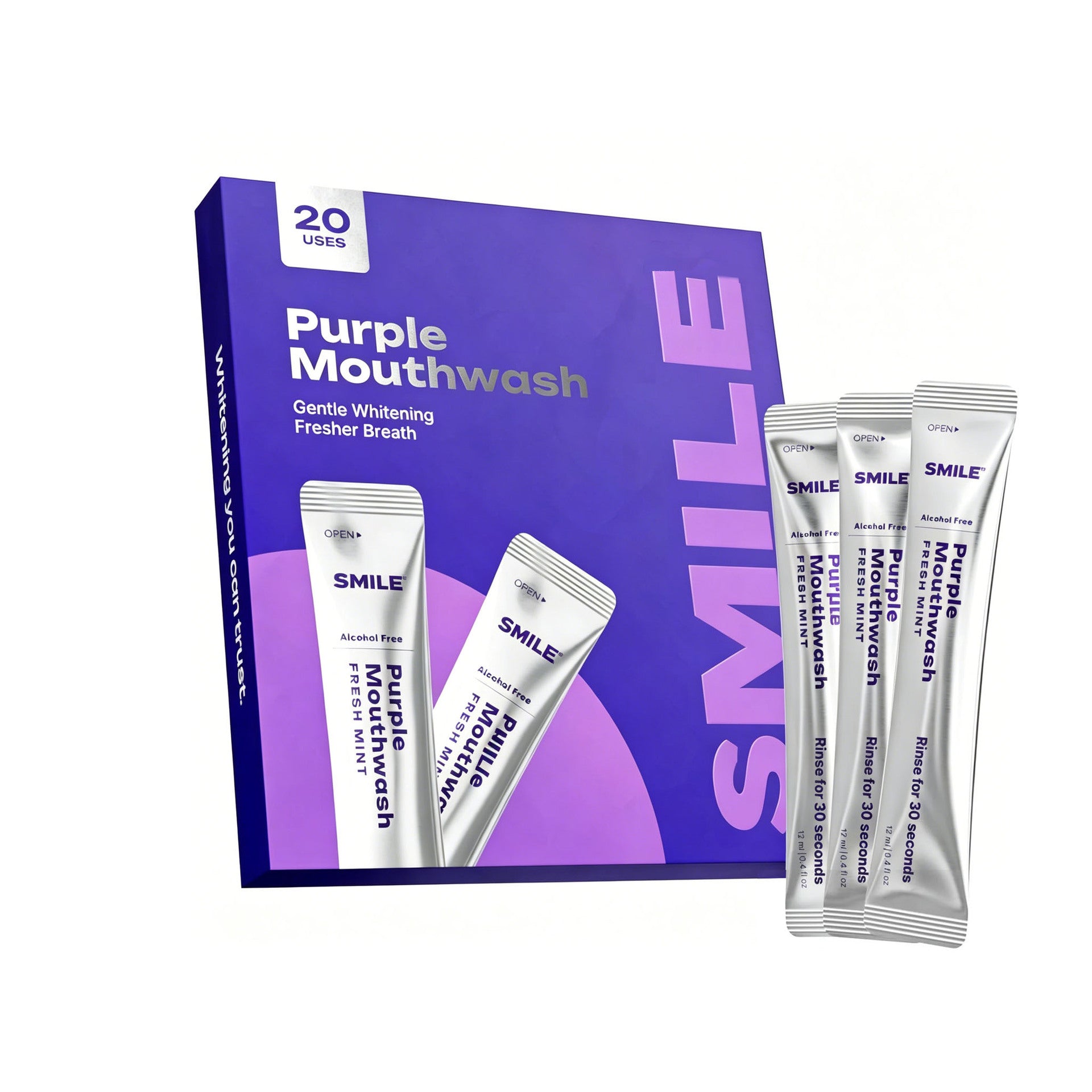 Silver single use purple mint mouthwash sticks fanned out beside the twenty use box