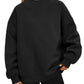Black oversized mock neck sweatshirt with ribbed cuffs and hem, worn with black leggings, photo for size M