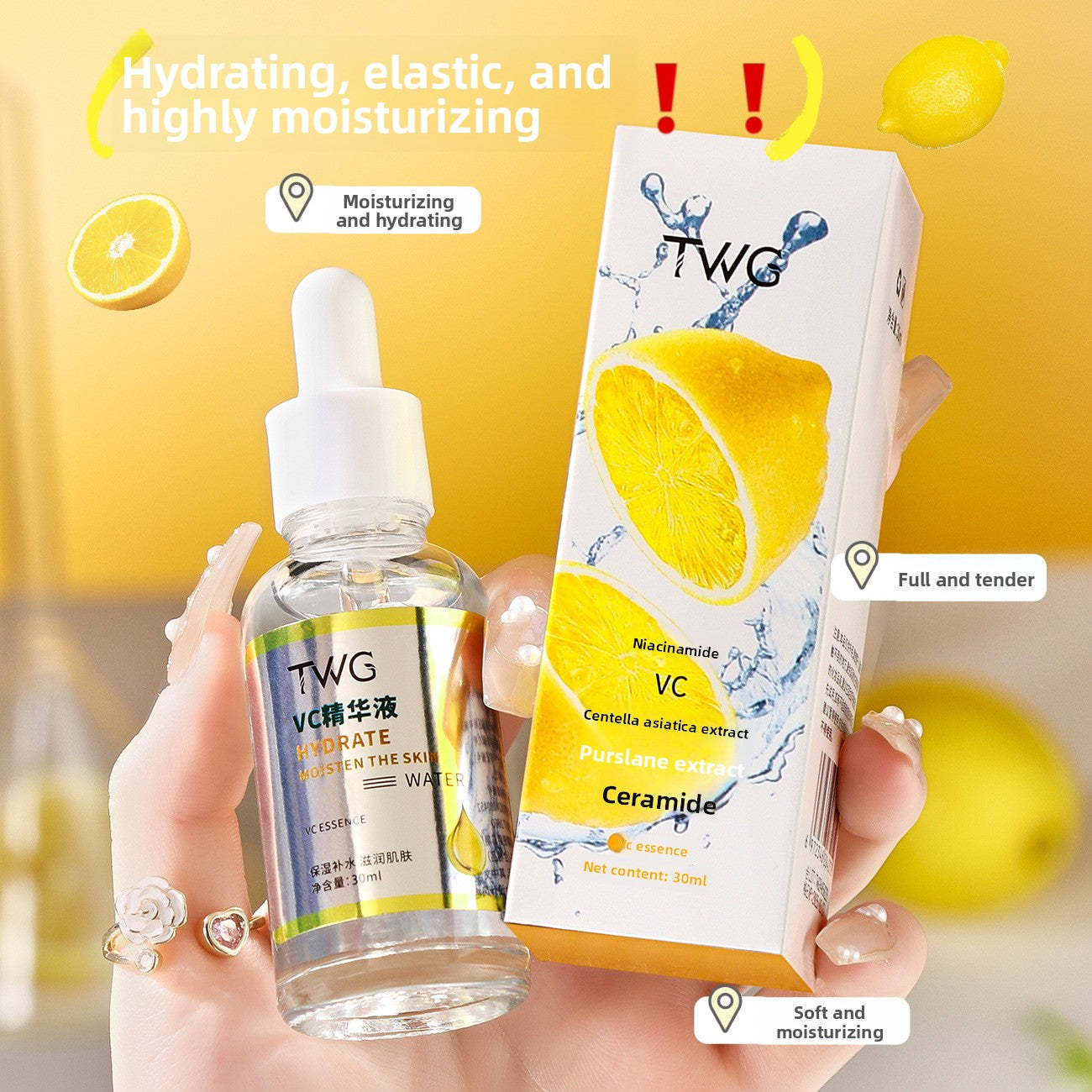Hand holding a clear TWG VC essence dropper bottle beside its lemon print carton
