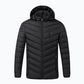 USB heated hooded jacket in black with the heating elements warming the back and abdomen