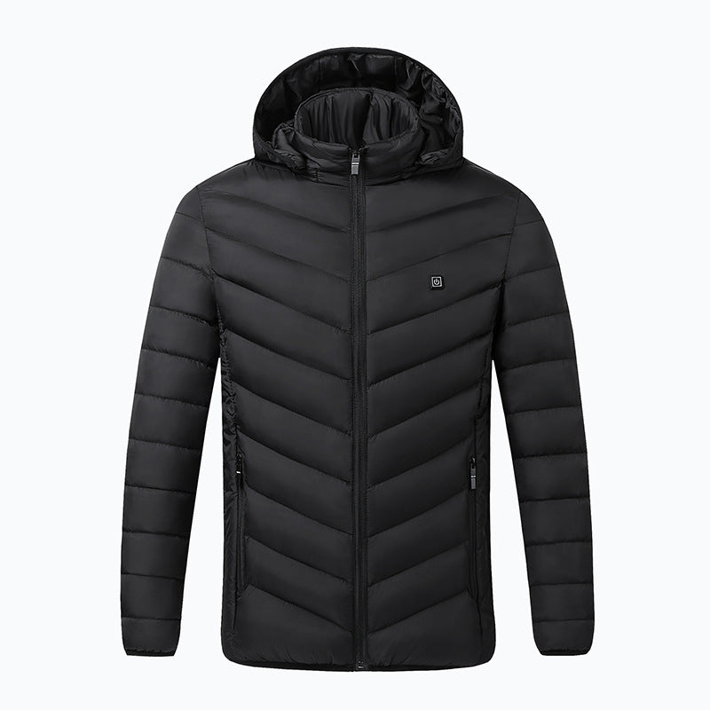USB heated hooded jacket in black with the heating elements warming the back and abdomen