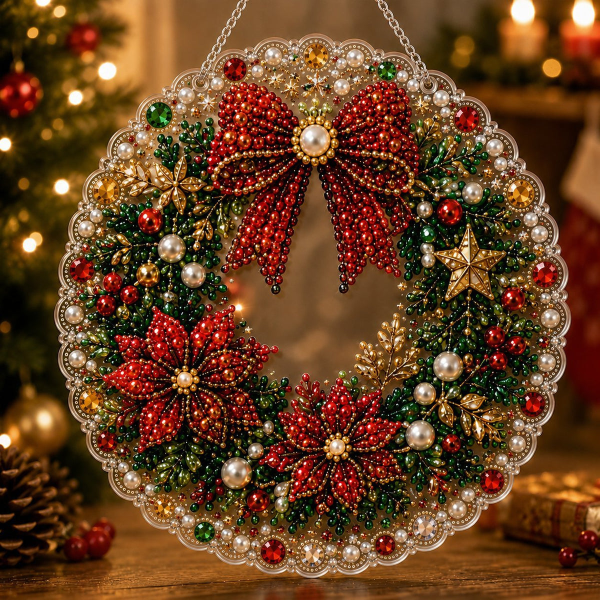 Diamond painting Christmas tree ornament covered in shimmering rhinestone beads