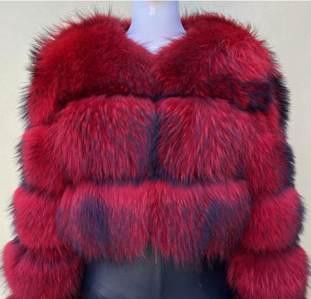 Crimson Red cropped banded fur coat, 3-Sleeve 4-Section layout, size L
