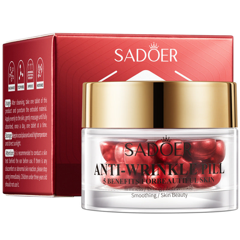 Facial essence capsule jar shown with its retail box, product view