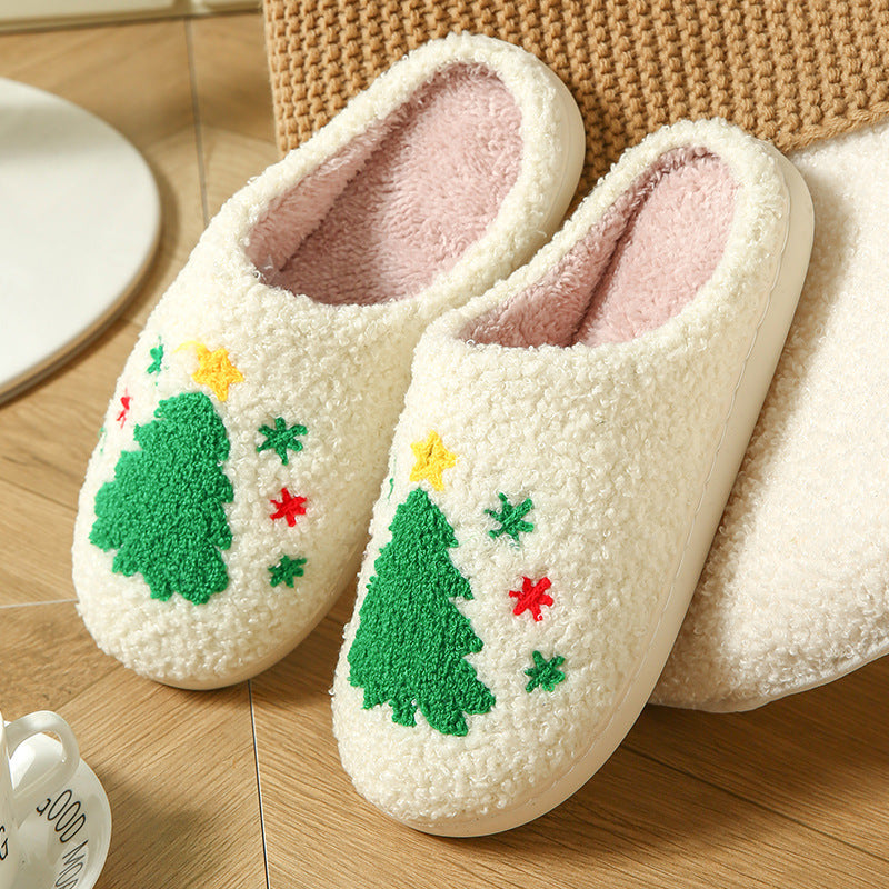 Cream plush slippers with a tufted green Christmas tree design, size 36-37 option