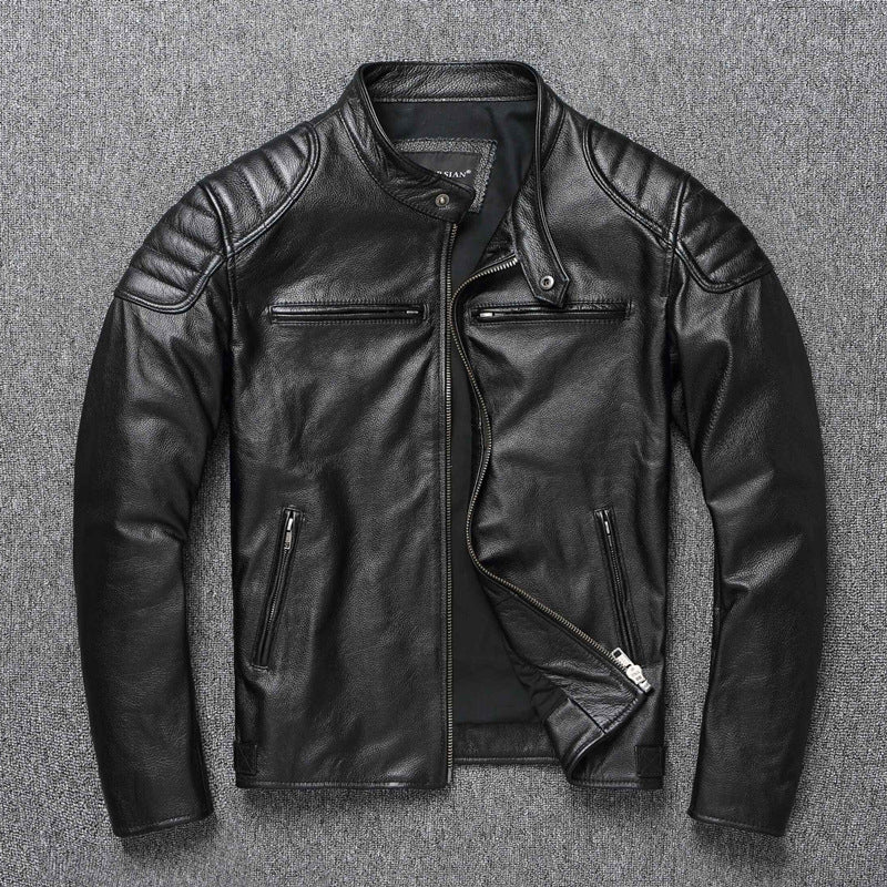 Black stand collar moto jacket with zip pockets, Black Stand Collar Spring Autumn L option photo