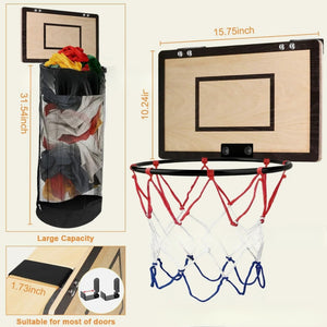 Basketball hoop laundry hamper with backboard measured 15.75 by 10.24 inches and a 31.54 inch deep mesh catch bag on a door