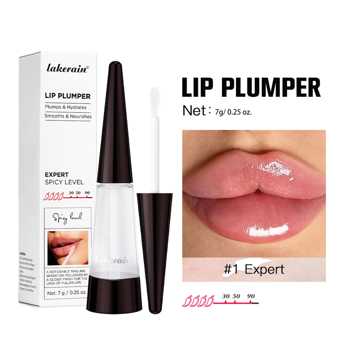 Lakerain lip plumper shade 1 Expert bottle and box with a close up of glossy lips, 7 g net