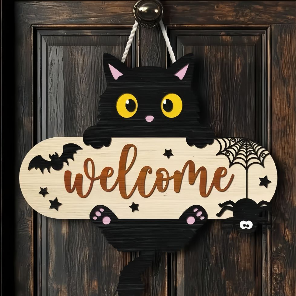 Halloween wooden sign printed with a seasonal design, square hanging plaque for a door or wall