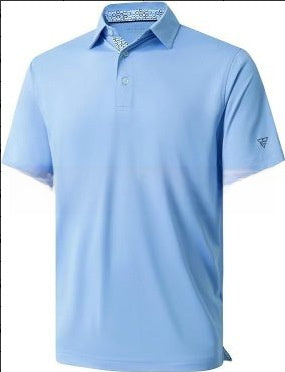 Men's short sleeve polo shirt with a solid body and a printed contrast collar, fitted cut in light polyester