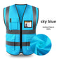Sky blue knit reflective work vest with chest ID window pocket and two flap pockets