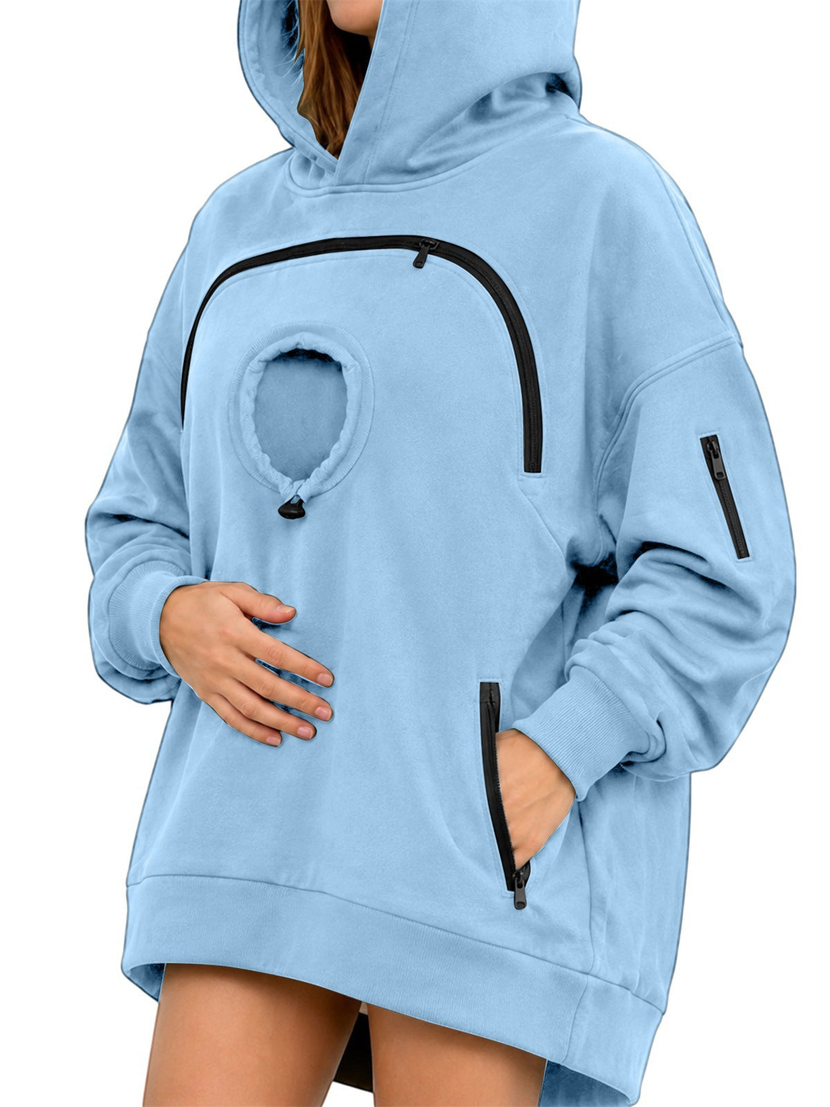 Sky blue oversized fleece hoodie with a round chest pocket, arched zipper and a zip pocket on the sleeve