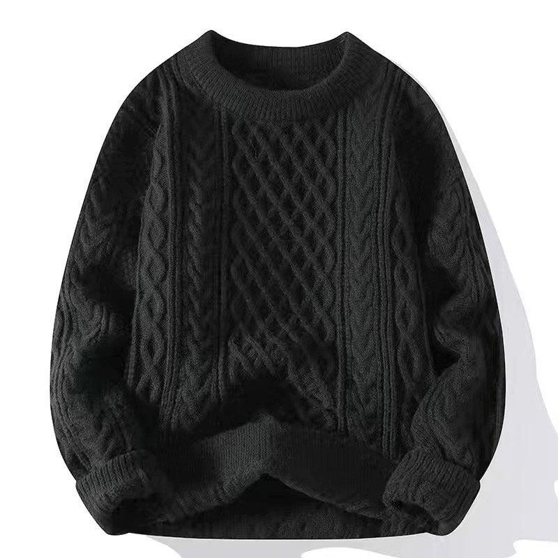 Cable knit crewneck pullover laid flat, raised braided panels running down the front and sleeves