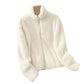 Cream white plush fleece jacket, full length zip open to show the soft double sided pile