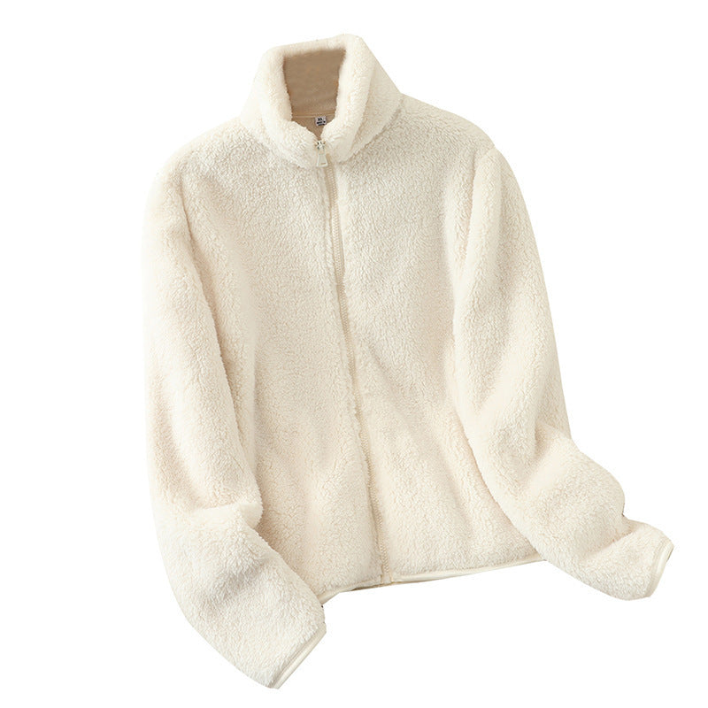 Cream white plush fleece jacket, full length zip open to show the soft double sided pile