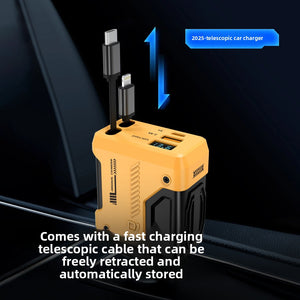 Car charger showing two retractable charge cables pulling up from the body inside a car cabin