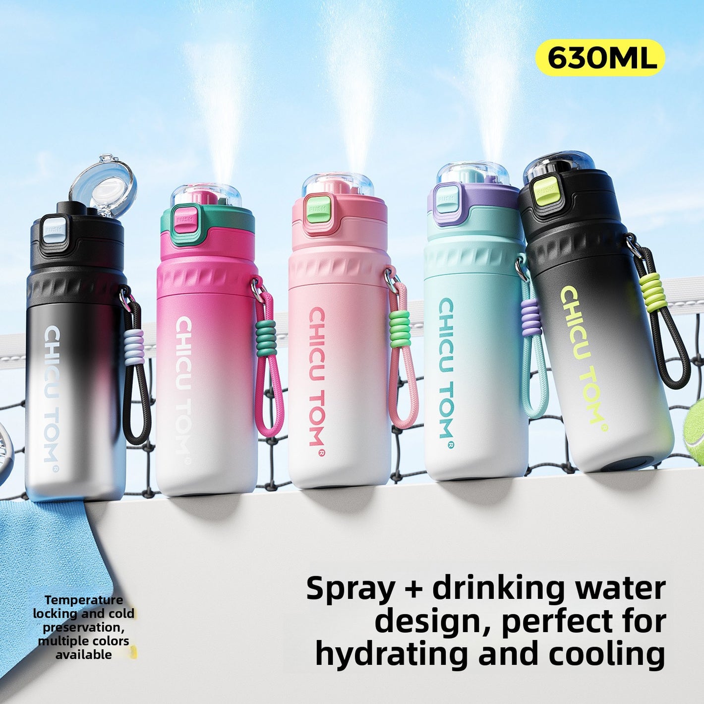 Insulated 630ml spray water bottle in five gradient colors, each releasing a fine mist from the cap