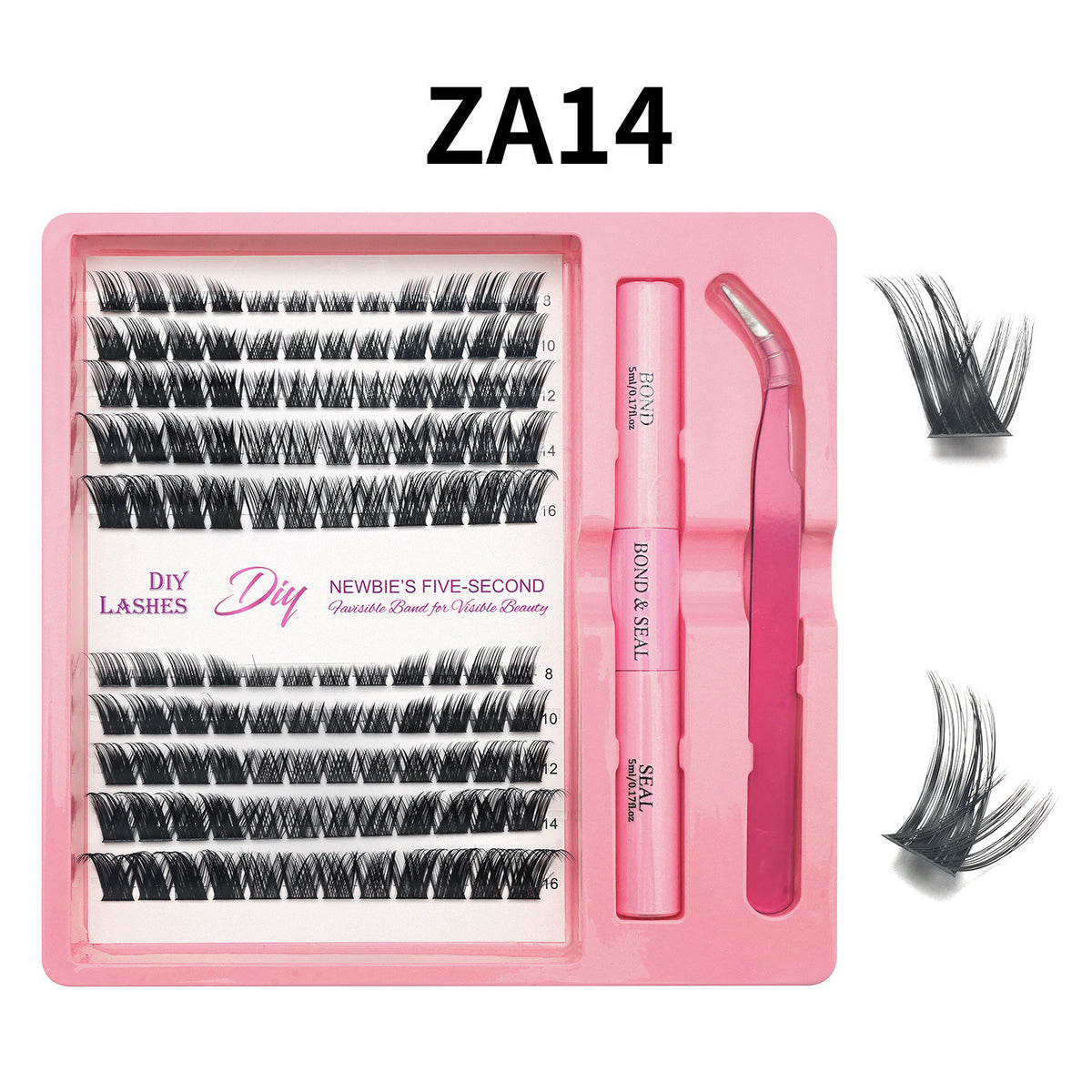 Lash cluster style ZA14 in a 10 row tray with dual-ended glue pen, tweezers and a close-up of the cluster shape
