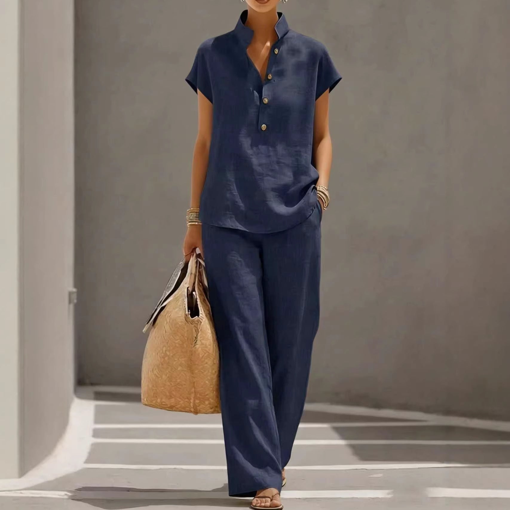 Top and wide-leg pants set shown from a third styling angle