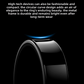 Black smart ring beside its compact charging case with battery life shown
